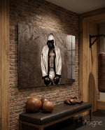 Muhammad Ali Hood glass wall art in a modern home gym