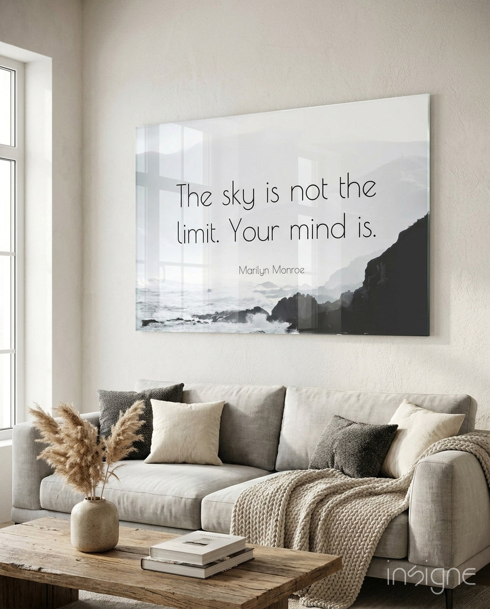 Words of Marilyn Monroe glass wall art in a modern home office