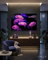 Neon Jellyfish glass wall art in a modern creative loft