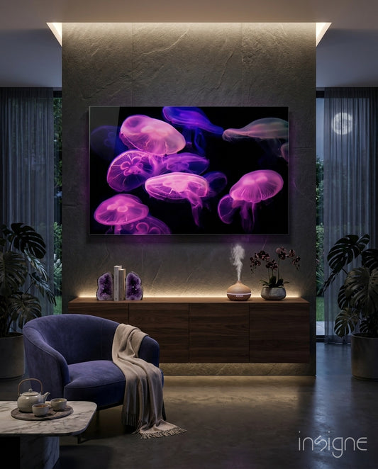 Neon Jellyfish glass wall art in a modern creative loft