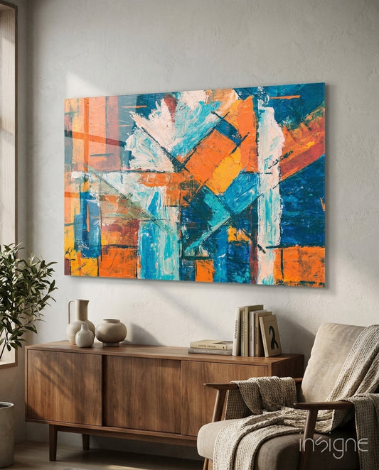 Orange Dream glass wall art in a modern creative loft