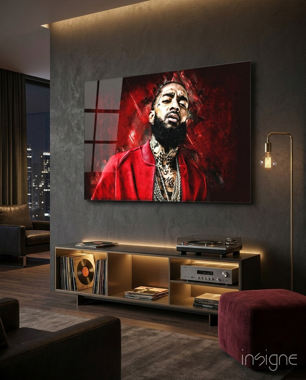 Nipsey Hussle Scarlet glass wall art in a modern music studio