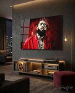 Nipsey Hussle Scarlet glass wall art in a modern music studio