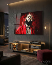 Nipsey Hussle Scarlet glass wall art in a modern music studio
