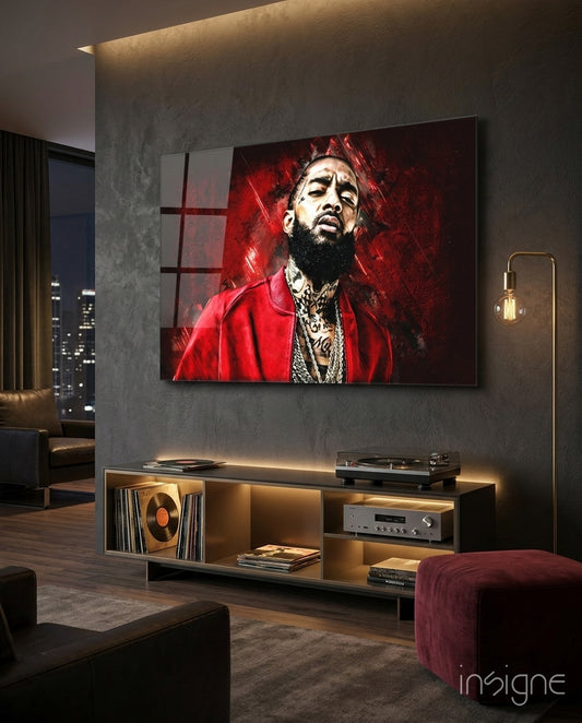 Nipsey Hussle Scarlet glass wall art in a modern music studio