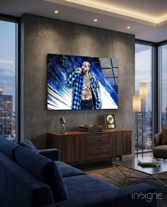 Nipsey Hussle Stage glass wall art in a modern music studio