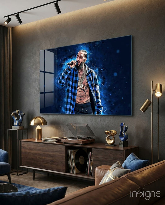 Nipsey Hussle Night glass wall art in a modern music studio