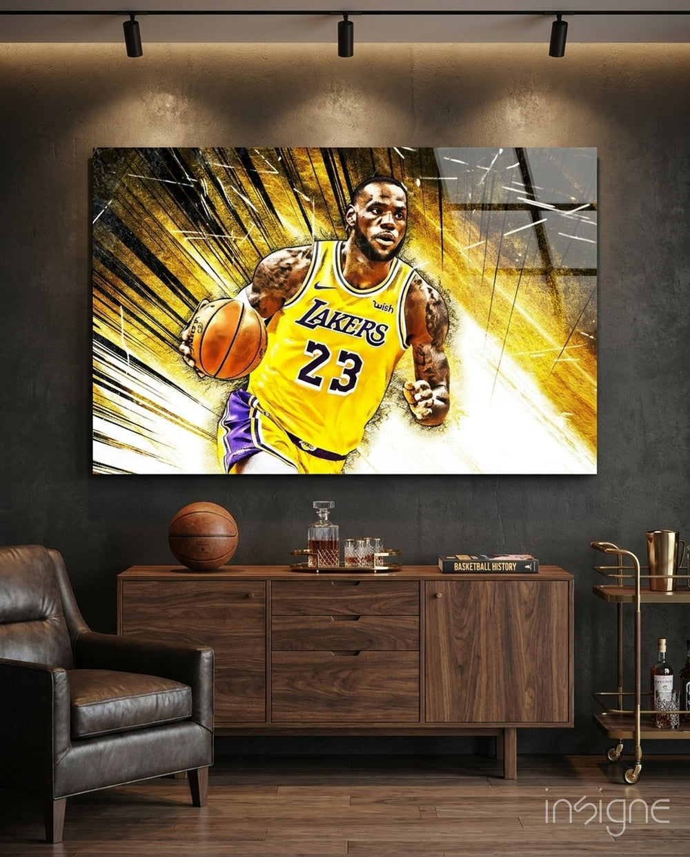 LeBron James Comic Drive glass wall art in a modern man cave