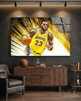 LeBron James Comic Drive glass wall art in a modern man cave