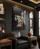 Kobe Bryant Black Mamba Roar glass wall art in a modern man cave