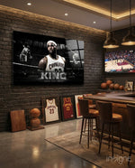 LeBron James Defy the Odds glass wall art in a modern man cave