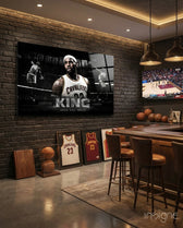 LeBron James Defy the Odds glass wall art in a modern man cave