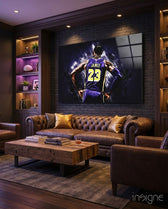 LeBron James Violet Vigil glass wall art in a modern man cave
