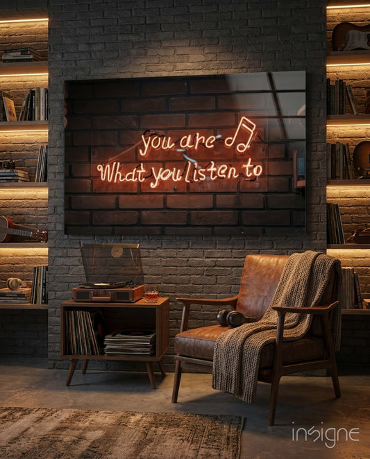 Music Neon glass wall art in a modern music studio