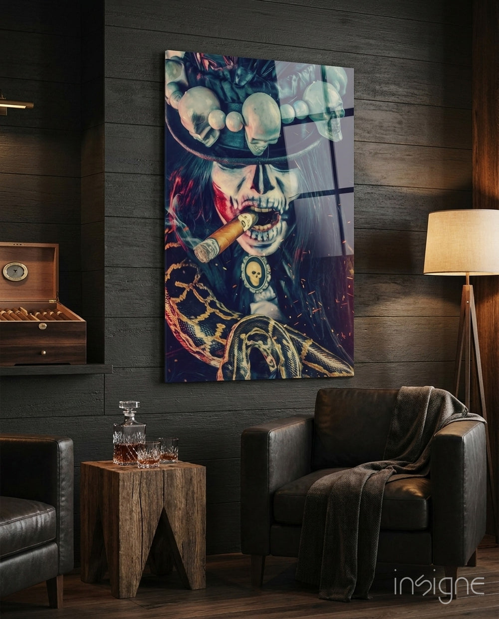 Voodoo Cigar glass wall art in a modern home cinema