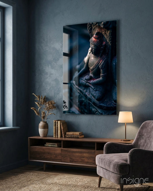 Stone Buddha glass wall art in a quiet meditation room
