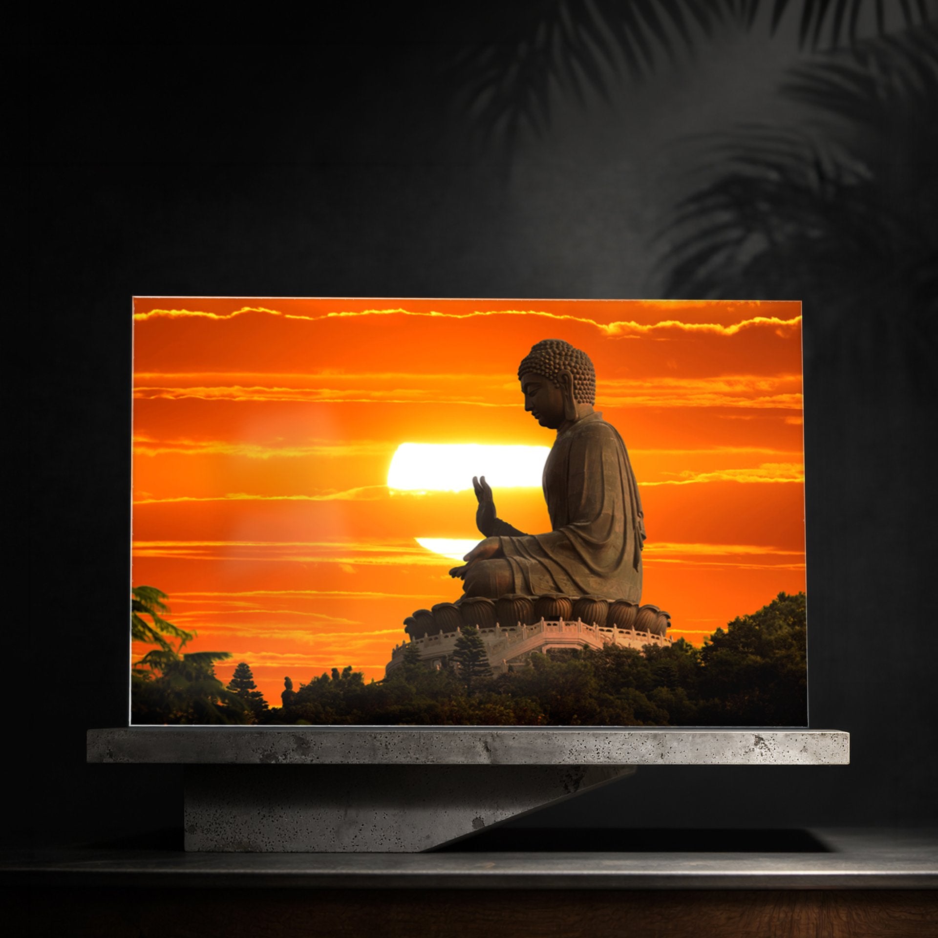 Buddha Glass Wall Art — Cinematic Saffron Sunset Buddha – Insigne