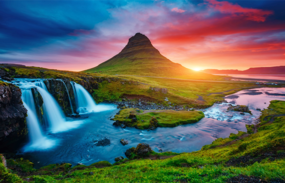Kirkjufellsfoss Waterfall and View Glass Wall Art