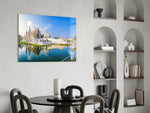 Buddhist contemporary architecture glass wall art in minimalist hallway