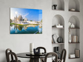 Buddhist contemporary architecture glass wall art in minimalist hallway