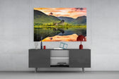 Highland mountain mirror lake glass wall art in cottage hallway