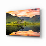 Highland castle reflection sunset glass wall art above leather chesterfield in country study