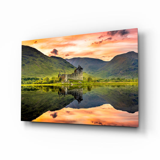 Highland castle reflection sunset glass wall art above leather chesterfield in country study