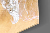 Drone-coast minimalist glass wall art over walnut console with conch-shell vase