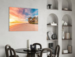 Coconut palm grove sunset glass wall art above modern dining sideboard