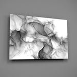 Pewter alcohol-ink monochrome glass wall art over walnut console in designer office