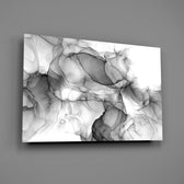 Pewter alcohol-ink monochrome glass wall art over walnut console in designer office