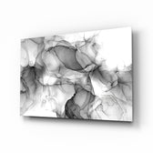 Black ink swirl minimalist glass wall art above ivory linen sofa in serene living room