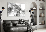 Ethereal ink wash abstract glass wall art over master-bedroom headboard