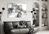 Ethereal ink wash abstract glass wall art over master-bedroom headboard
