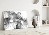 Minimalist alcohol-ink glass wall art in meditation corner with linen cushion