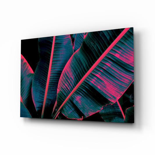 Neon banana leaf magenta cinematic glass wall art above black media console