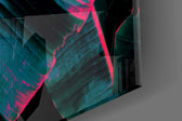 Synthwave banana-frond glass wall art in dramatic dining room with brass fixtures