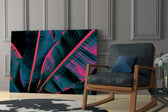 Neon palm-foliage cinematic glass wall art in designer hallway