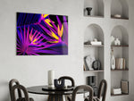 Neon strelitzia jewel-tone glass wall art in dramatic hospitality lounge