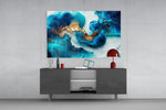 Ivory-and-cobalt marble cinematic glass wall art in designer office