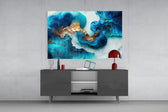 Ivory-and-cobalt marble cinematic glass wall art in designer office