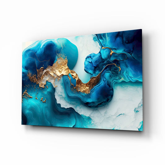 Turquoise gold marble fluid-art glass wall art above ivory boucle sofa