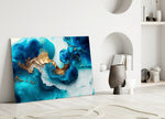 Teal and gold-vein marble glass wall art over master-bedroom headboard