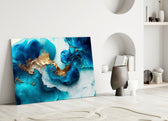 Teal and gold-vein marble glass wall art over master-bedroom headboard