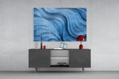 Moonlit-shimmer wave abstract glass wall art in light-filled hallway