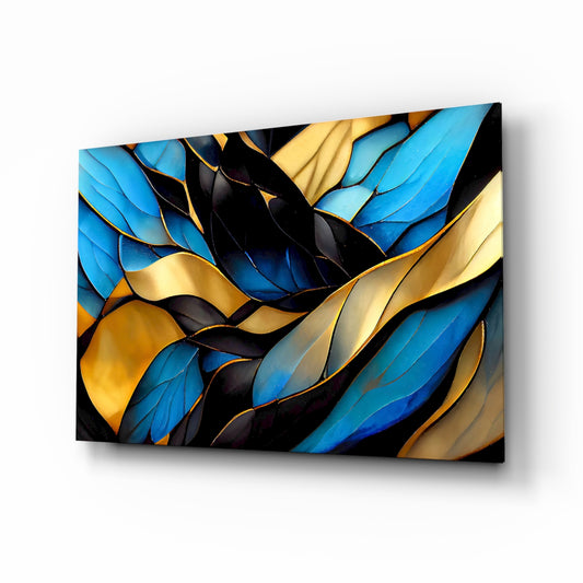 Stained-glass leaves sapphire-gold cinematic glass wall art in luxury entry foyer