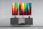 Vertical rainbow color-study glass wall art in art-school office hallway