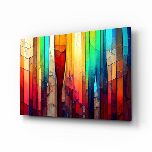 Cracked rainbow mosaic stained-glass wall art above ivory boucle sofa in maximalist lounge