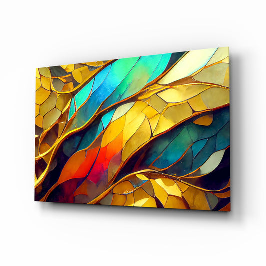 Mosaic leaves marigold-sapphire glass wall art in luxury entry foyer
