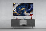 Lapis-and-ivory marble cinematic glass wall art in designer office